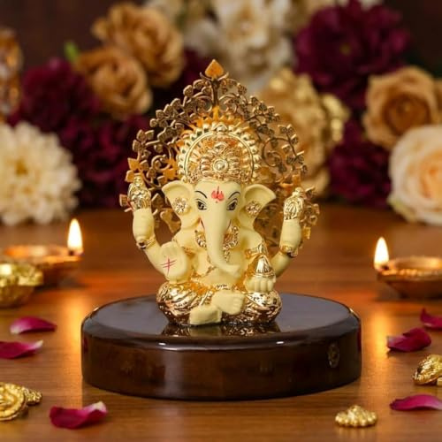 House of Wemy 24k guldpläterad Ganesh Idol/Murti med kalpavriksh-träd | Ganpati-staty för bilinstrumentbräda, kontorsbord, hinduisk gåva och estetisk inredning – harts (gul)