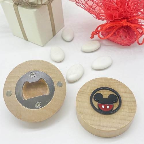 Doni Bomboniere 10 Apribottiglie con calamita in Bamboo con Applicazione Disney Mickey Mouse, nei Colori Classici, Rosso e Nero. Bomboniera Ideale per Eventi Nascite, Battesimi, Compleanni
