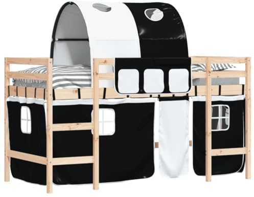vidaXL Kinderhochbett, Hochbett mit Tunnel Vorhängen, Spielbett Bett für Kinder ab 6 Jahren, Kinderbett Etagenbett Stockbett, Weiß Schwarz 90x200cm Kiefernholz