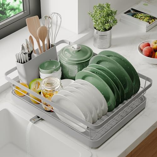 Marctani Escurreplatos de Acero Inoxidable - Escurridor de Platos de Alta Capacidad - Estante de Secado de Metal con Soporte para Cubiertos Extraible y Caño de Drenaje Giratorio 360º (1P Gris)