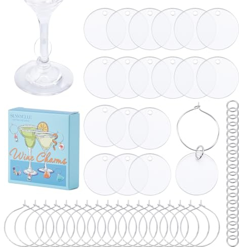 SUNNYCLUE 1 Box 20 Sets Wein Anhänger Große Weinglas Marker Anhänger Acryl Runde Wein Kennzeichnung Weinglas Glas Kennzeichnung Für Party Weihnachten Hochzeit Gastgeschenke Familien