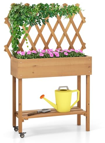 COSTWAY Hochbeet mit Ablage & Spalier, Blumenbeet auf Rollen, Pflanzkasten mit Stoffauskleidung, Holz, Blumenkasten mit Rankgitter für Kletterpflanzen, Garten Balkon Terrasse, 90 x 29 x 129 cm