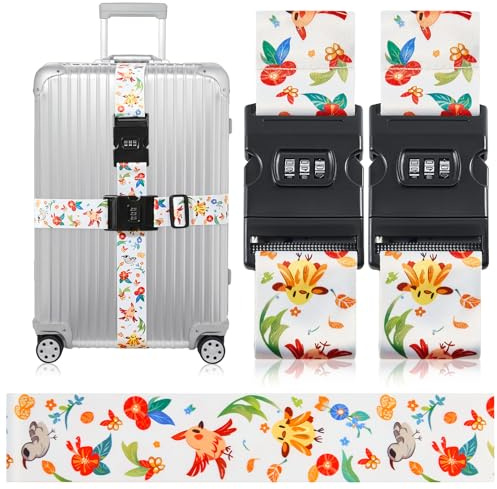 Saiwiimody Koffergurt mit Zahlenschloss 2 Stück Auffällig Kofferband mit Schloss Kreuzgurt Einstellbare für 18-32inch Reise Koffer Gepäck Reisetasche Schnell Erkennen, 5x200cm (Vögel)