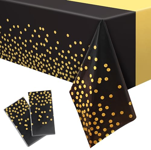 Silvester Party Tischdecke Schwarz Gold 2 Stück - Geburtstag Tischdecken Einweg Rechteck Wasserabweisend Deko für Silvester 2026 Rente Hollywood Gatsby Mubarak Hochzeit Abschluss Party Deko