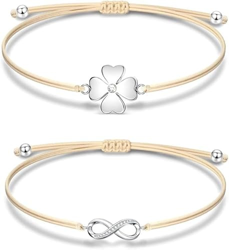 HSAJS 2 Paires Bracelet pour Femmes Fille, Bracelets Infini et Porte Bonheur Bracelet Bijoux Fait Main Bracelet Cordon Tressé Réglable Cadeau Chanceux pour Femme Filles