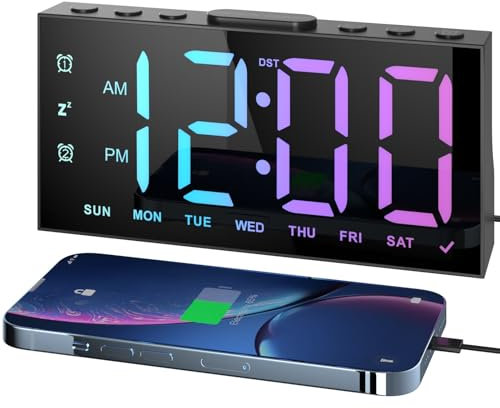 LIORQUE Digital Alarm Clocks for Bedrooms, Digital Clock with RGB LED Display, 5 Level Brightness, Dual Alarm, Snooze, DST, Alarm Clocks Bedside Mains Powered