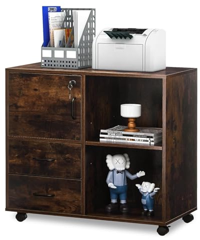 CLIPOP Rollcontainer, 2 Schubladen + offenes Fach, abschließbar | Seitlicher Büroschrank, mit Ablagefach, als Druckerständer nutzbar, für Heimbüro, braun, stabil 80*40*75 cm