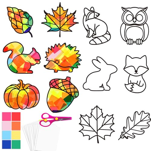 BOYATONG Herbst Basteln für Kinder Set, 12 Stück Fensterbilder mit Kindern ab 2 Jahre, Bastelvorlagen Fensterbilder, DIY Herbstdeko Bastelset Kinder Geschenk