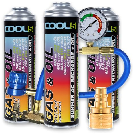 COOL5 réfrigérant de Remplacement r1234yf pour climatisation Automobile - 3 boîtes 2en1, 290g + Tuyau de Pression avec manomètre + Adaptateur