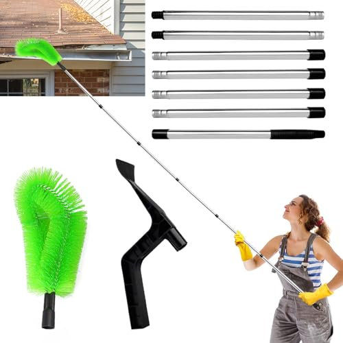 Telescopic Gutter Cleaning Brush - 8.27Ft Extendable Roof Gutter Cleaner Equipment, Gutter Brush & Leaf Shovel & 7Pcs Telescopic Poles for Cleaning Leaves Debris Window Gutter Hanging Light Spider Web