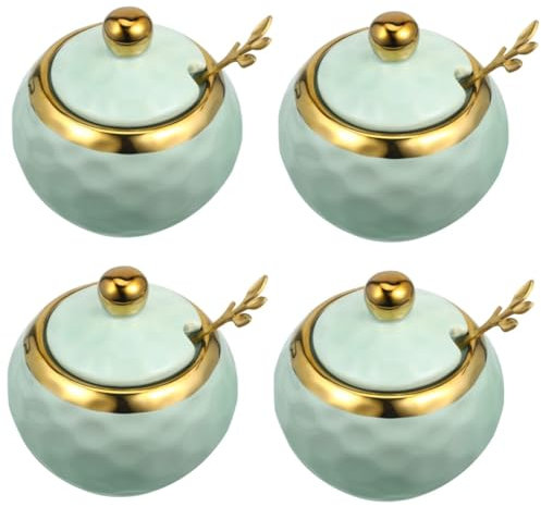 IMIKEYA 4pezzi Barattolo Ceramica per Zucchero con Coperchio e Cucchiaino Contenitore Multifunzionale per Spezie e Condimenti Design Elegante con Dorato