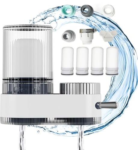 H20hydro Tap Purifier, Tap Filter, 100% Natural 7 Layer Composite Cartridge Water Filter Tap, Suitable for Most Faucets, Removes Sand, Chlorine, Heavy Metals, Lead, And More (White + 4)