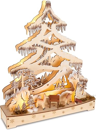BRUBAKER Arco de Velas 3D - Bosque de Abetos - Luces Navideñas LED de Madera Natural - 34 x 28 x 9 cm - Decoración Navideña Pintada a Mano para Mesa y Alféizar de Ventana