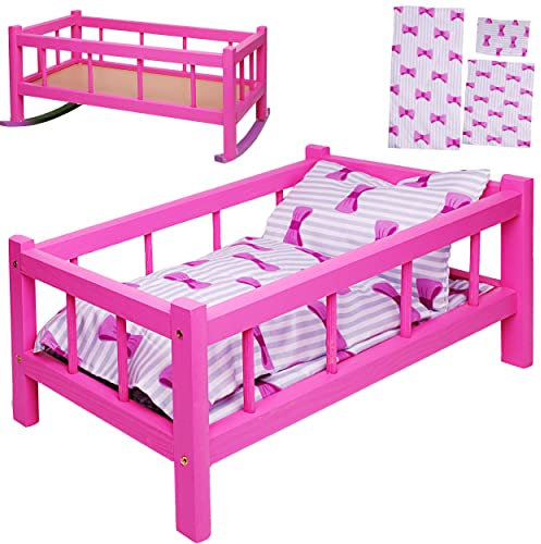 alles-meine.de GmbH 2 in 1: großes Puppenbett & Puppenwiege - Holz - UMBAUBAR - 43 cm lang - mit Bettzeug - Bett - Bunte Farben - für Puppen groß Holzwiege Schaukelbett Mädchen -..