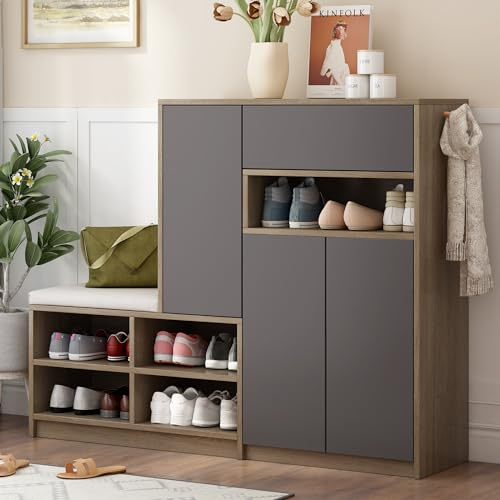 Merax Schuhschrank mit Sitzbank, Schuhbank mit Sitzfläche, 3 Stauraumtüren und 1 Schublade, multifunktionales Schuhregal mit verstellbaren Regalen, für den Flur, Grau, B140/T35/H110cm