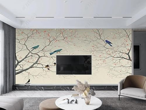 Papier Peint Intissé Oiseau Prune Rouge Rétro Poster Tableaux Muraux Tapisserie Photo Trompe L'Oeil Salon Chambre Art Mural 450Cm(L) X315Cm(H)