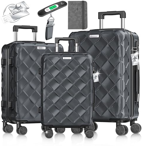 KESSER® Reisekoffer Set 3-teilig | Kofferset ABS Hartschalenkoffer mit Zahlenschloss, Kofferwaage & Reisebrieftasche 360° Rollen | Handgepäck & große Koffer für Business & Reise Trolley Charcoal
