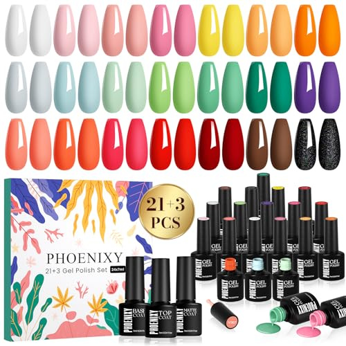 PHOENIXY Gel Nail Polish, 21+3 PCS Gel Nail Polish Set with Base Top Coat Orange Green Red Soak-Off Nail Varnish Sets Nail Polish Gifts for Women