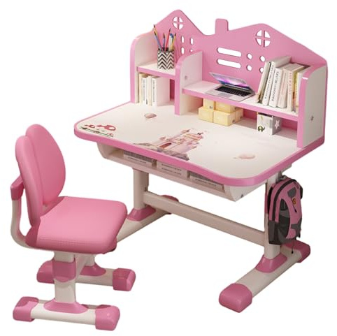 Upgraded Kinderschreibtisch,höhenverstellbar, Schüler-Schreibtisch und Stuhl, Kinderschule, Studiertisch mit Schubladenablagen, Bücherregal, Studienstuhl und Schreibtisch für Kinder(Rosa 105cm)