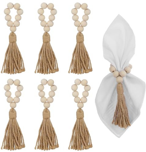 Napkin Ring Set of 6, Wood Bead Napkins Rings for Table Decor, Boho Wooden Napkin Ring with Tassels, Napkins Rings for Christmas, Easter, Wedding, Home Table Decoration