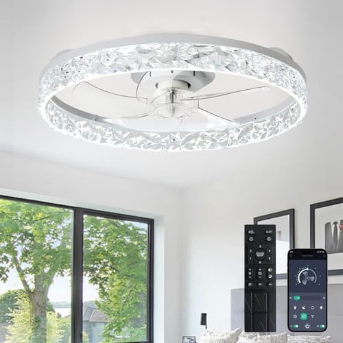 Depuley Ventiladores de techo de 20 pulgadas con luz: Ventilador de techo empotrado LED con control mediante aplicación - Luz regulable para ventilador de dormitorio - Blanco