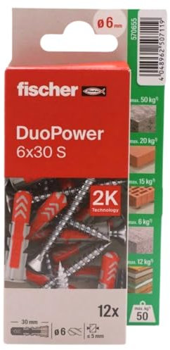 fischer - Duopower 6x30 con vite - 12U, tasselli da parete multimateriale, servono per appendere biciclette, quadri, armadi, supporti TV, scaffali, mobili.