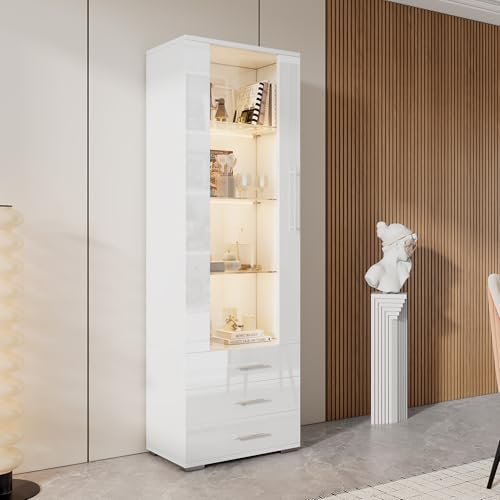BLUON HOME Hochglanzender weißer Display-Schrank mit LED-Beleuchtung – Glasvitrine mit 3 Schubladen, Vertikale Vitrine, 60 x 35 x 180 cm