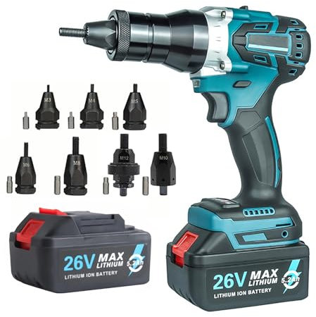 Juego de remachadora eléctrica inalámbrica, remachadora automática con 2 baterías, ideal para tuercas M3 a M12, herramienta de remachado ciego portátil, 5200 mAh