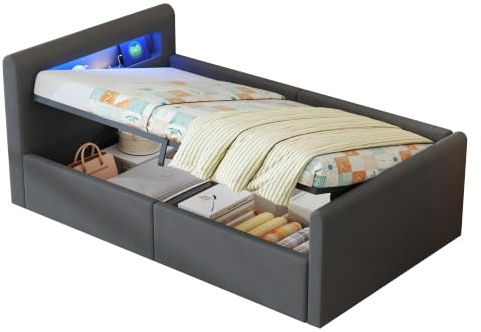 okwish Kinderbett 90x200 Polsterbett mit LED, USB & Bettkasten, Dunkelgrau | Bett 90x200 mit Bettgestell & Lattenrost, aus Samt, ohne Matratze, für Einzelbett, Jugendbett & Stauraumbett