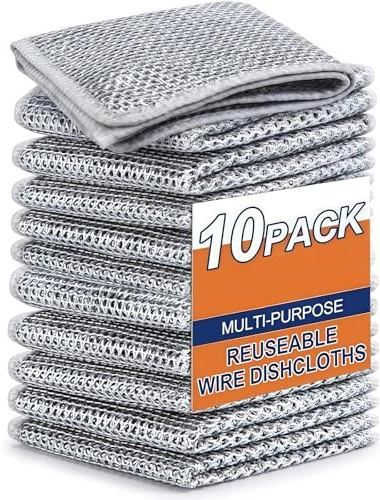 10PCS Non Scratch Wire Dishcloths, Reusable Metal Wire Dishwashing Rags for Wet and Dry Use, Double-Layer Scrub Cloths for Dishes, Cookware, Sinks, Stove Tops, Kitchen Cleaning (20 x 20cm)