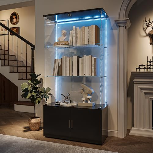 FOERPL Vitrine, LED Glasvitrine, Glasvitrine für Sammlung mit 2 Türen, Vitrine, 3 Schichten, abschließbare Vitrine, Wohnzimmer Bar Schrank (3 Stockwerk+C Lichter, Schwarz)
