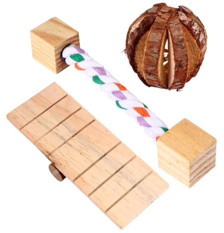 MERRYHAPY 3pcs Natural Wooden Chew Toys Set Bark Sphere, Cotton Rope Block, and Seesaw for Small Animals Hamster Chew Toy Small Size
