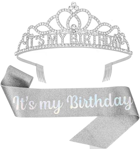 EXIPSAT It's My Birthday Haarreif Silber, Krone Stirnband Bling Strass Haaraccessoire, Prinzessin Tiara Geburtstag Kopfschmuck mit Schärpe für Frauen Mädchen Party Dekoration