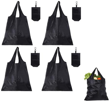 CeoxThao 4 Piezas Bolsas Plegables Reutilizables de Tela Negra(48 x 36,5 cm), Bolsa de Compra Reutilizable Plegable, Duraderas y Lavables, para Compras, Viajes, Acampadas y Uso Diario