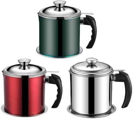 Recipiente de acero inoxidable para colador de grasa de 1,3 L, olla de aceite con tapa y filtro de malla fina para freír, reutilización de aceite, apto para lavavajillas, almacenamiento de cocina