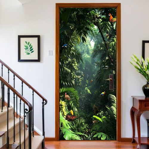 Türfolie 100 x 200 cm Vögel Im Tropischen Dschungel Türtapete Türposter Grün Türaufkleber für Wohnzimmer Kinderzimmer Küche Bad