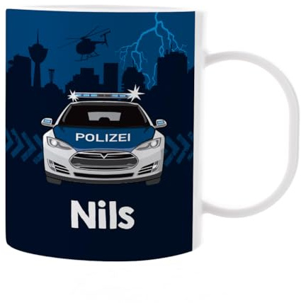 Striefchen® Kunststoff Kindertasse für Jungen mit Wunschname bedruckt - verschiedene Motive Polizeiauto