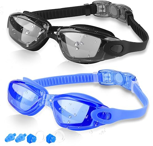 COOLOO Swimming Goggles, 2 Pack Swim Goggles for Adult Men Women Youth Kids 8+, Anti-Fog UV Protection No Leaking Nose Clip and Earplugs