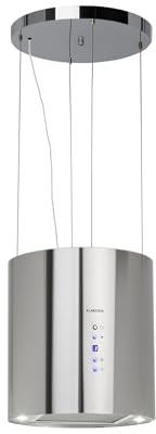 KLARSTEIN Barett - hotte aspirante îlot, hotte aspirante silencieuse Ø 35cm, Puissance Moteur 190W, 560 m³/h Max, 3 Niveaux de Puissance, éclairage LED, INOX - Argent