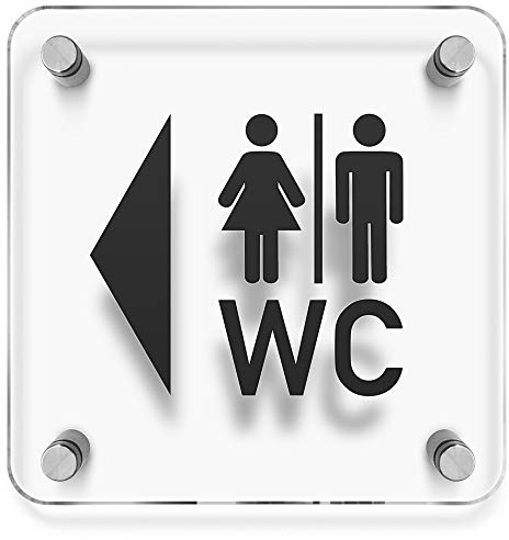 Targhetta per WC e porta con freccia, 150 x 150 mm La targa è realizzata in vetro acrilico trasparente da 3 mm. Include 4 distanziatori in acciaio INOX V2A per il montaggio a parete