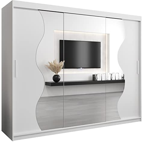KRYSPOL Schwebetürenschrank Madryt 250 cm mit Spiegel Kleiderschrank mit Kleiderstange und Einlegeboden Schlafzimmer- Wohnzimmerschrank Schiebetüren Modern Design (Weiß)