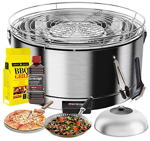 YesEatIs by FEUERDESIGN - MAYON Grill en Acero Inoxidable Kit con IGNICION Gel + Carbon 3 Kg + Pinza para Barbacoa + Piedra De Pizza + Cupula