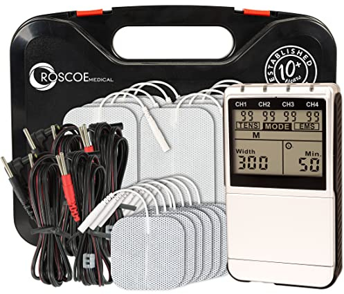 Roscoe Medical TENS Unit and EMS Muscle Stimulator – 16 Electrodes Included, 4-Channel OTC TENS Machine for Back Pain Relief, Lower Back Pain Relief, Neck Pain, Includes Case
