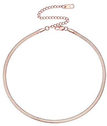 FOCALOOK Rose Gold Choker 12inch 3mm Flat Snake Chain Stainless Steel Fashion Herringbone Necklace for Women