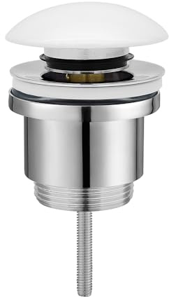 Piletta click clack universale per lavabi con e senza troppo pieno, in ottone cromo con tappo in ceramica bianco lucido, attacco standard G 1”1/4
