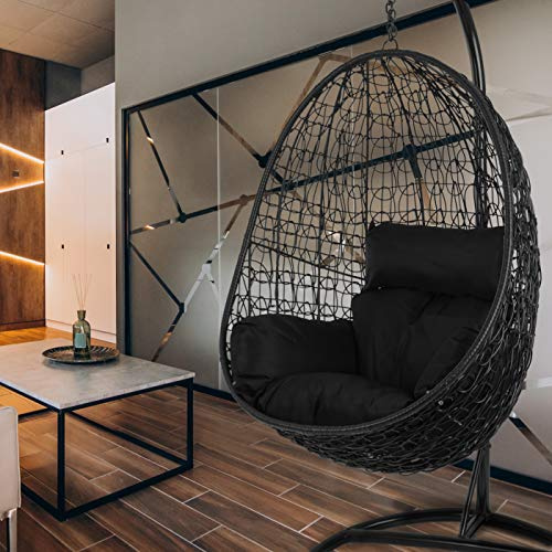 Kideo® Komplettset: schwarzer Hängesessel mit Gestell & Kissen, Poly-Rattan, komplett schwarzes Set (Kissen: schwarz)