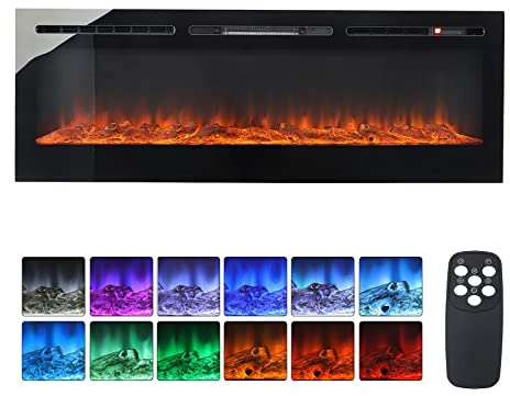 INMOZATA 127cm Electric Fire Wall Mounted Recessed Electric Fireplace With 12 LED Flame Colors, Adjustable Thermostat, Crystal&Logs Set, 900W/1800W, Remote&Touch Screen Control (127cm/50in, Black)