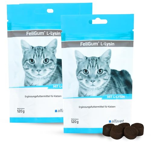 Alfavet FeliGum L-Lysin Kaudrops für Katzen bei Katzenschnupfen, 2 x 120 g | Ergänzungsfuttermittel mit 600 mg L-Lysin pro Kausnack zur Unterstützung der Abwehrkräfte, auch bei Kitten und Senioren