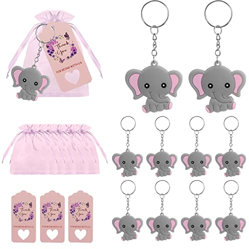 DBALL 20 Piezas Baby Shower Regalo Bautizo Elefante Llavero con Organza Bolsa Etiqueta Kraft para Regalo de Invitados Recuerdo Fiesta Regalos Comunion Cumpleaños Regalo (Rosa)