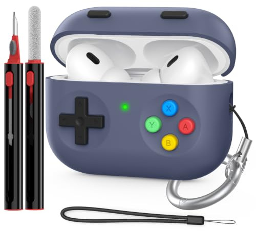 Delidigi für Airpods Pro 2 Hülle Case 2022/2023 (USB C) mit Reinigungsstift | Klassische Handheld Game Console Design Silikon Schutzhülle with Karabiner & Lanyard, Kabelloses Laden Front LED Sichtbar